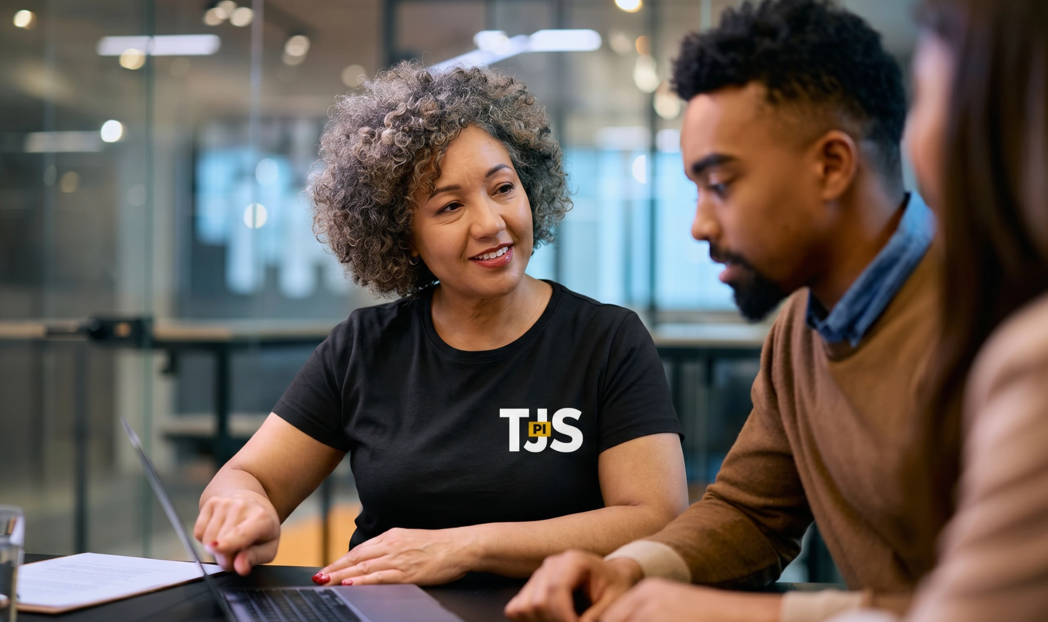 TJS investigator talking with a client